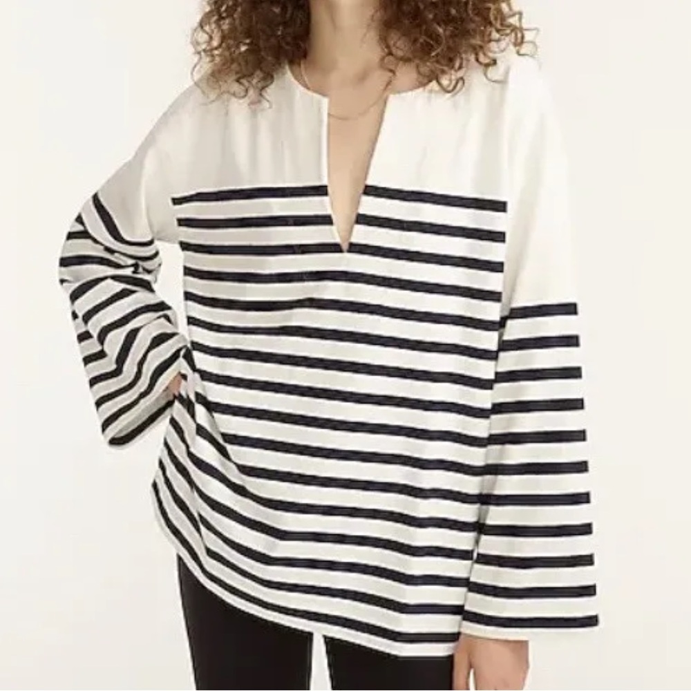 J Crew Mariner Cloth Tunic Top Stripe Oversized Ivory Navy Long Sleeve Shirt